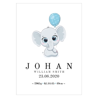 Fødselstavle med sød elefant og blå ballon 