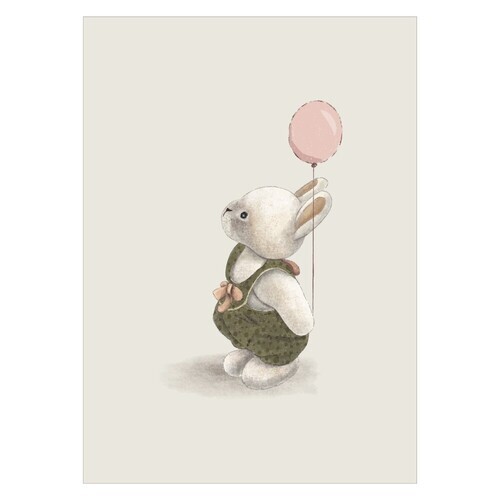Plakat med en sød kanin som kigger op på sin ballon på beige baggrund